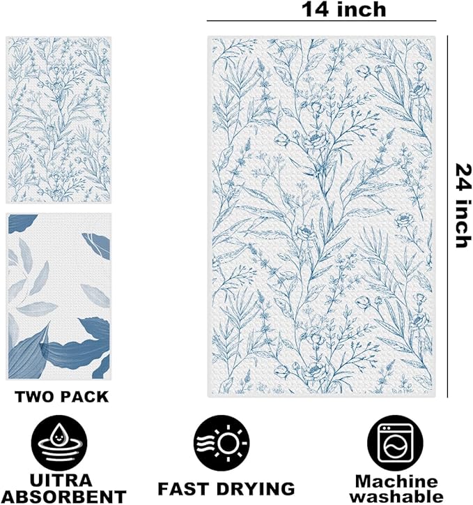 2Pcs Chinoiserie Floral Kitchen Towels 24x14 Inch, Minimalist Blue Leaves Watercolor Hand Towels for Kitchen Home Decor, White Absorbent Dish Cloth Tea Towel, Home Gifts for Women Mom Grandma