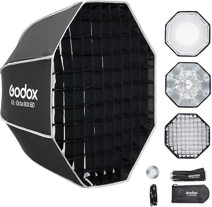 Godox UL-Octa 60cm Quick Release Octagonal Softbox, Foldable 24" Octabox Fast Setup, Universal Bowens Mount Soft Box with Diffusers/Honeycomb Grid for Portrait Photgraphy Studio Monolight Video Light