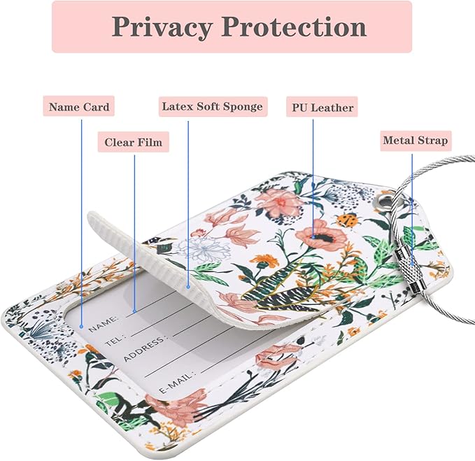 (Set of 2) Luggage Tag Leather Privacy Cover ID Label Address Card with Stainless Steel Loop, Travel Bag Tags Suitcase Labels,White Flowers