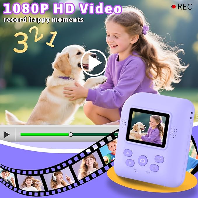 Okaloka Kids Instant Print Camera Toys,1080P HD Toddler Digital Video Camera,Christmas Birthday Gifts for Girls Boys Age 3-12 Year Old - 32G SD Card Included (Purple)
