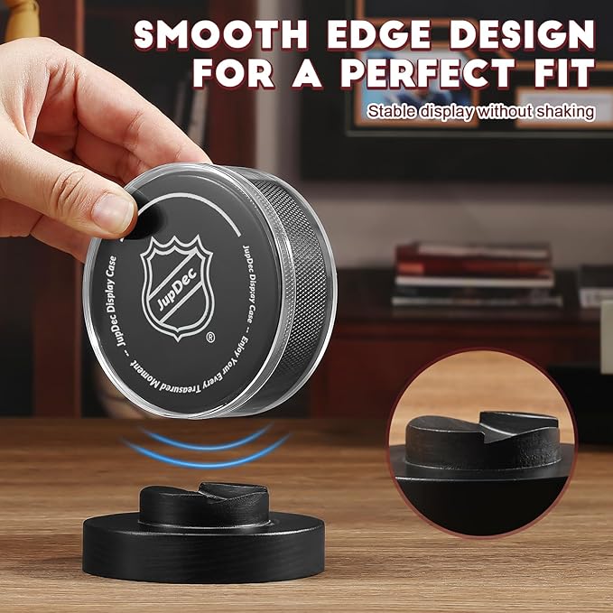 JupDec Hockey Puck Display Case Acrylic Clear Holder with Wood Base, Autograph Souvenir Display Stand, Perfect Showcase for Your Collection, Black, 1 Pack