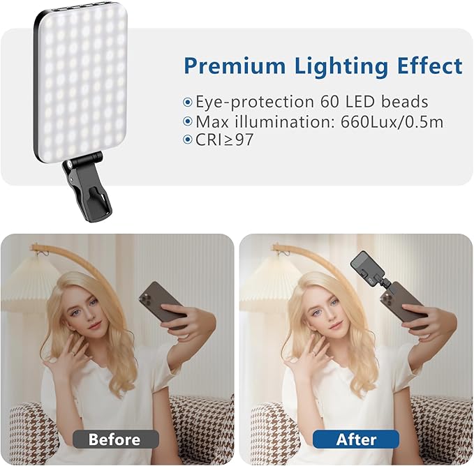ALTSON 60 LED Portable Selfie Light Video Conference Lighting with Clip & Camera Tripod Adapter Rechargeable 2200mAh CRI 97+, 3 Light Modes for Phone iPhone Webcam Laptop Photo Makeup