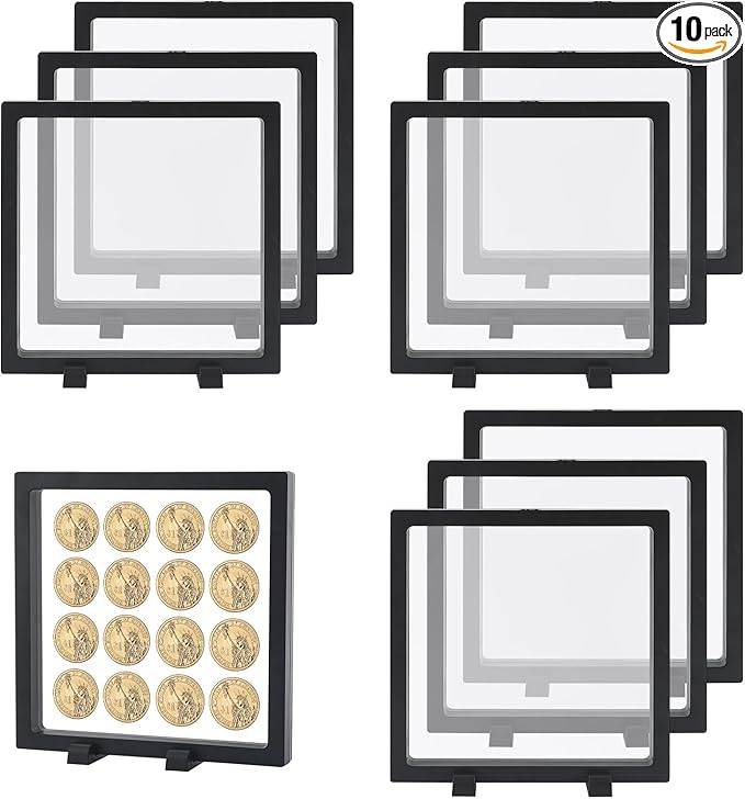 10 Pcs Floating Frame Case with Stands 7x7x0.8 in, Black Challenge Coin Display,Transparent PE Jewelry Storage Box, Floating Display Holder Stands for Antique Challenge Coins Medallion Fossil Specimen