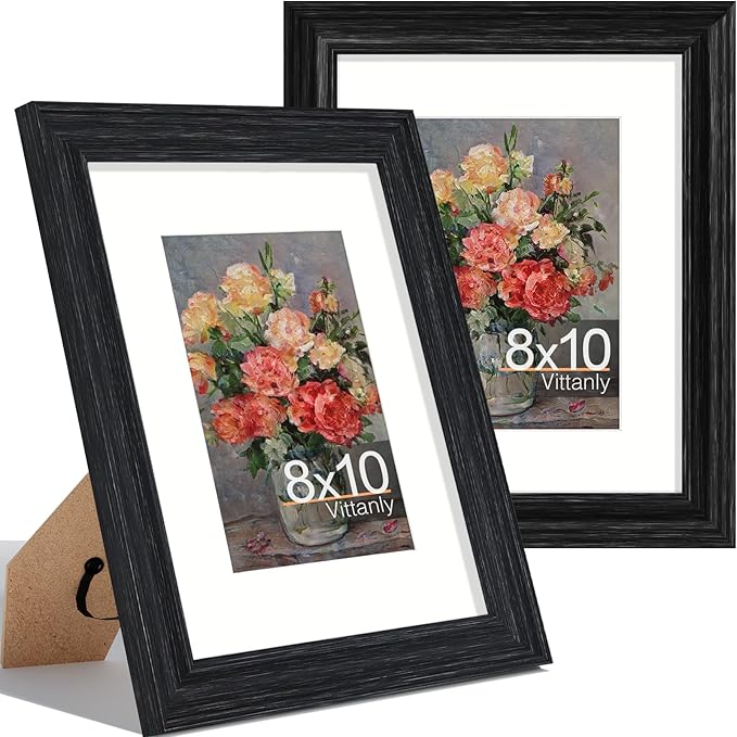 Vittanly 8x10 Picture Frames Set of 2, Ornate Vintage Photo Frame for Wall or Tabletop, Display 5x7 Pictures with Mat or 8x10 without Mat, Distressed Black