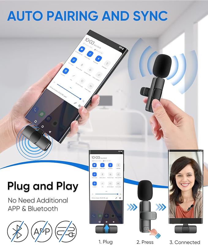 Wireless Lavalier Microphone for iPhone/Android Phone/Laptop, IUMAKEVP Plug-Play Clip on Lapel Mic with Auto Noise Reduction for Video Recording, Live Broadcast, Interview, TikTok, YouTube (2 Mics)