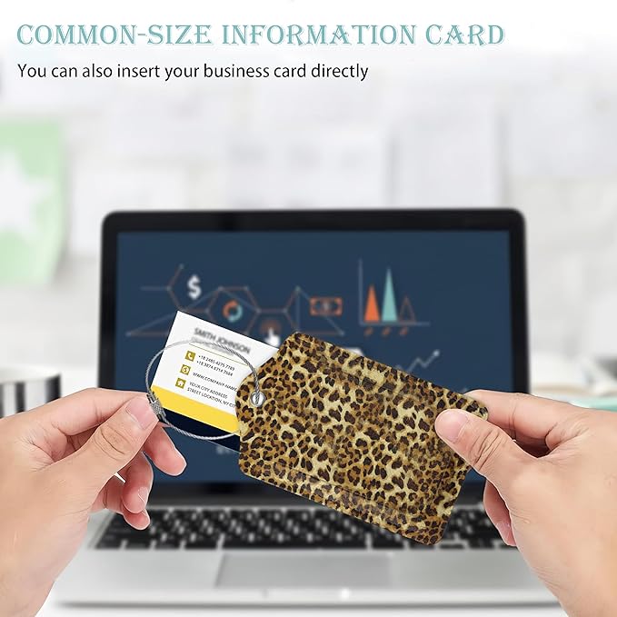 Luggage Tags for Suitcase,2 Pack Leopard Luggage Tag Wild Animal Skin Print PU Leather Privacy Cover ID Label with Stainless Steel Loop for Women Men Teens Travel