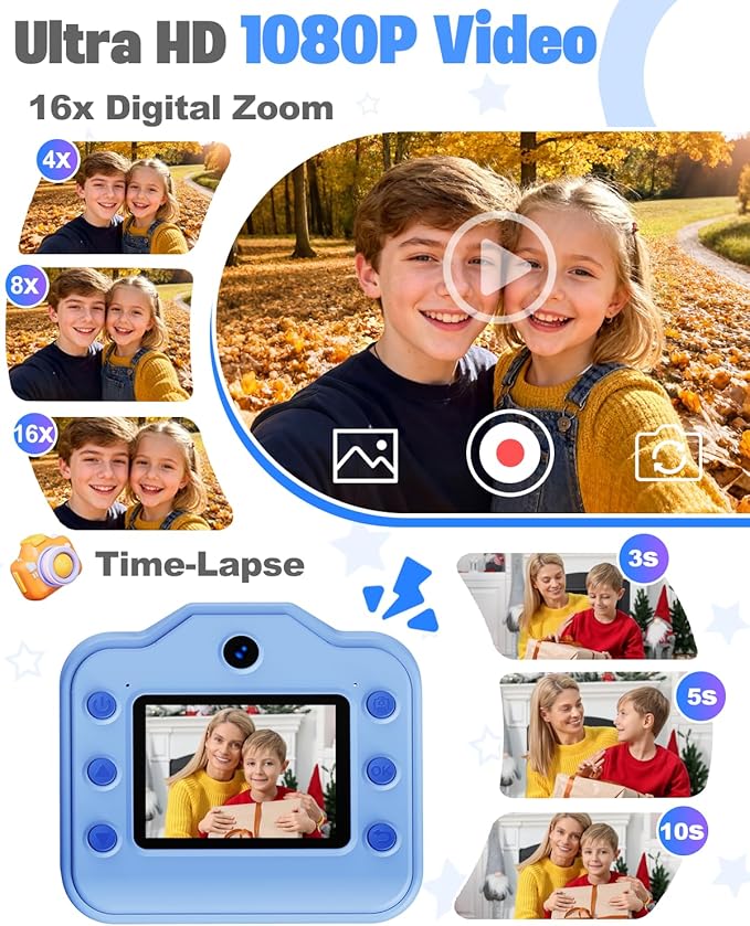 Instant Print Camera for Kids, Front Rear Dual Selfie Kids Camera with 1080P Videos, Christmas Birthday Gifts for Kids Ages 3-12, Toddler Digital Camera Toy for 4 5 6 7 8 Year Old Boys Girls (Blue)