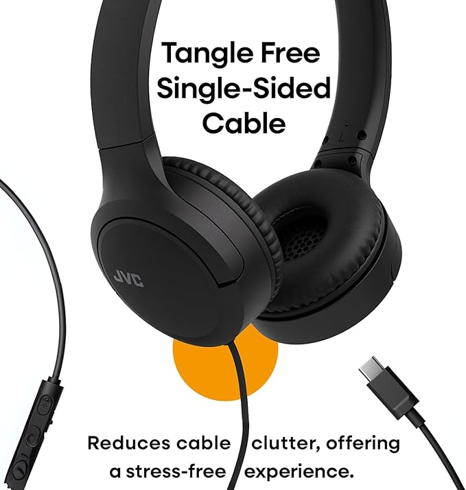 JVC USB-C Wired On-Ear Headphones with Mic – Comfortable All-Day Wear, Clear Calls, Rich Sound – Foldable & Lightweight – Tangle-Free Single-Sided Cable – Great for Gaming & Work from Home