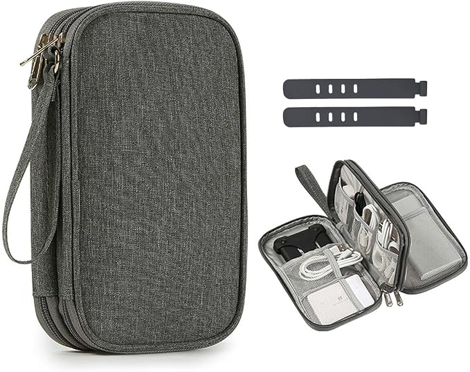 ULLiaN Electronics Travel Organizer Case, Double Layers Tech Pouch Accessories Cord Storage Bag with 2 PCS Data Silicone Ties Portable Cable Bags for Charger Phone Power Bank Sd Card Cables, Grey