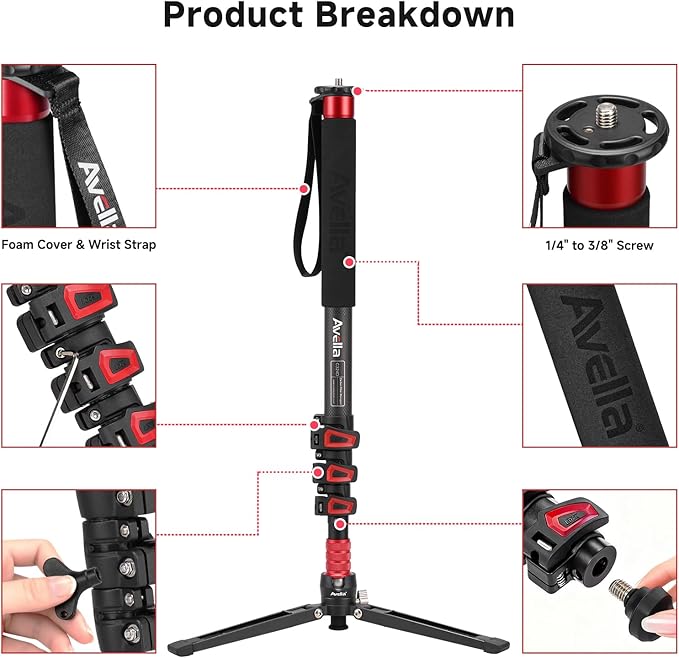 Avella C324D Carbon Fiber Monopod — 67" Telescopic Video Monopod for DSLR & Mirrorless Cameras
