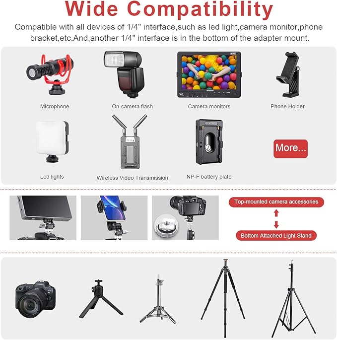 FOMITO Metal Camera Monitor Mount with 1/4" Serew and Cold Shoe, Rotary Adapter 360° Swivel Universal for Flash Speedlite, Field Monitor, LED Video Light, Microphone,etc