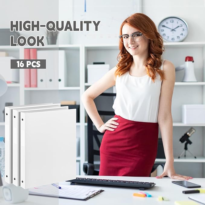 Henoyso 16 Pcs 3 Ring Binder 1/2'' Round Fits Letter Size 8.5'' x 11'' Paper Plastic Flexible Binder Holds 140 Sheets with 1 Pockets Versatile Organizer for Home Office School (White)