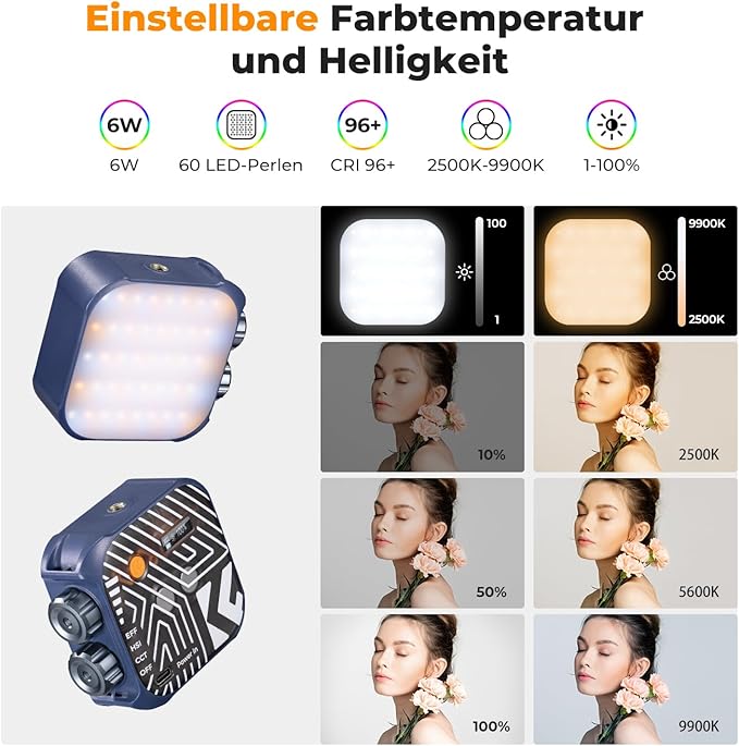 K&F CONCEPT RGB Video Light, 360° Full Color Portable Photography Light, LED Camera Light w 21 Light Effects, 2500K-9900K CRI 96+, 2000mAh Rechargeable Photography Lighting for Vlogging, Selfie, Blue