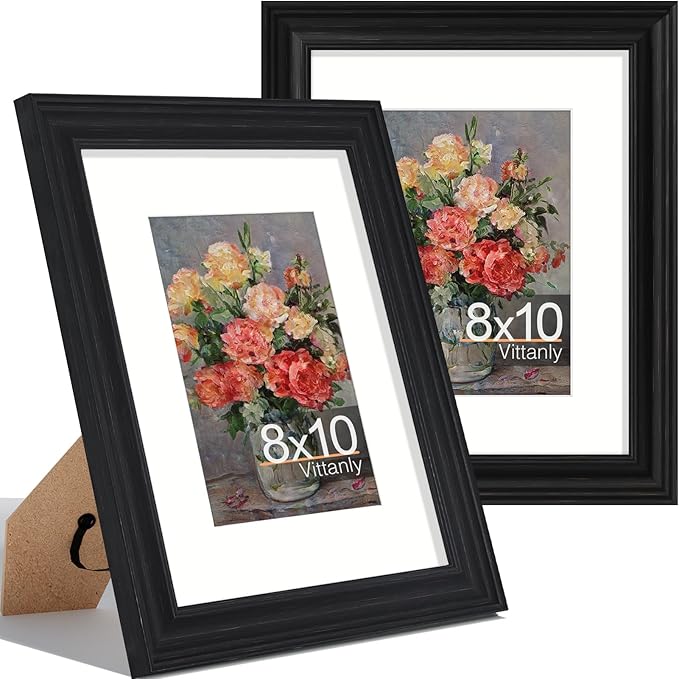 Vittanly 8x10 Picture Frames Set of 2, Ornate Vintage Photo Frame for Wall or Tabletop, Display 5x7 Pictures with Mat or 8x10 without Mat, Vintage Black