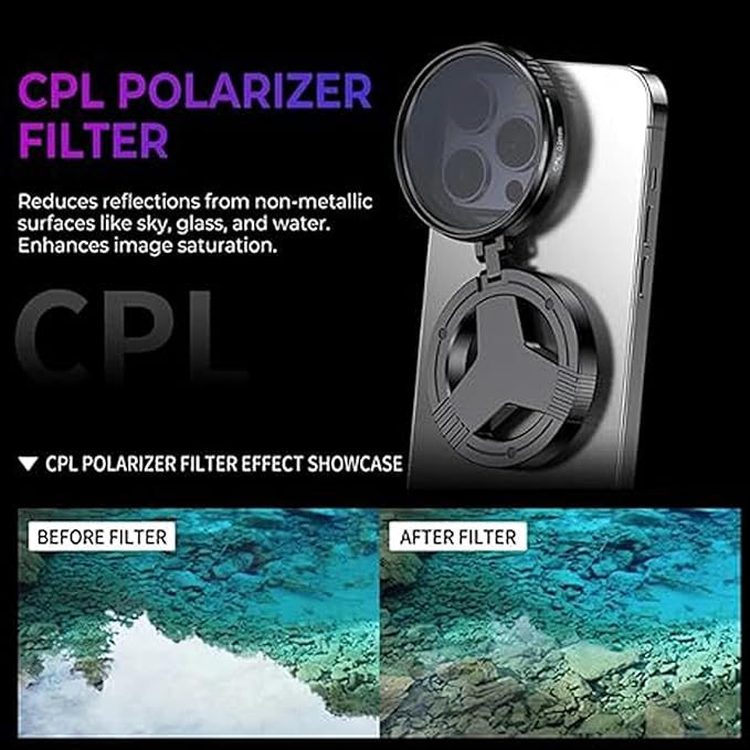 Anti-Glare Magnetic Phone Filter,Quick Mount for iPhone Filter Lens,52mm Cpl Phone Camera Filters,Circular Polarized Lens Filters with Foldable Stand for Outdoor Shooting, Glass Surfaces (1pc)