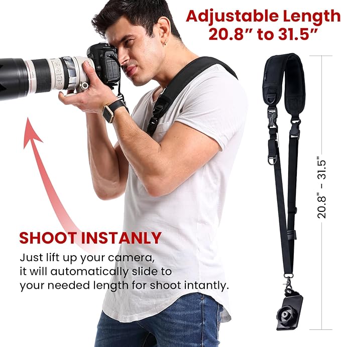 Waka Rapid Camera Neck Strap with Quick Release and Safety Tether, Adjustable Shoulder Sling Strap for Nikon Canon Sony Olympus DSLR - Black