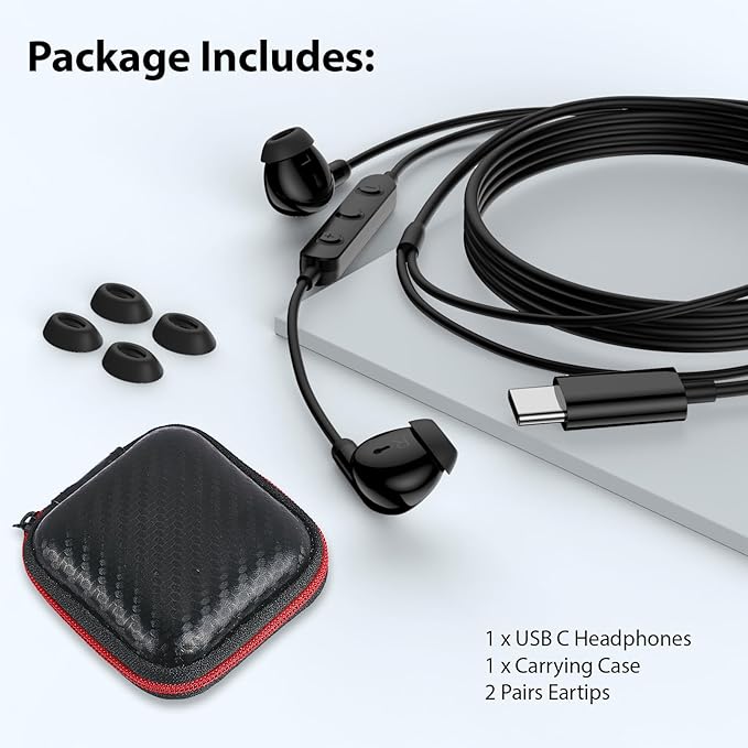 USB C Earbuds Wired USB Type-C Headphones for Apple iPhone 17 16 15 Pro/iPad 10th Generation for Galaxy S26 Pixel 10 Earphones with Microphone Volume Control Noise Isolating HiFi Stereo Headset Black