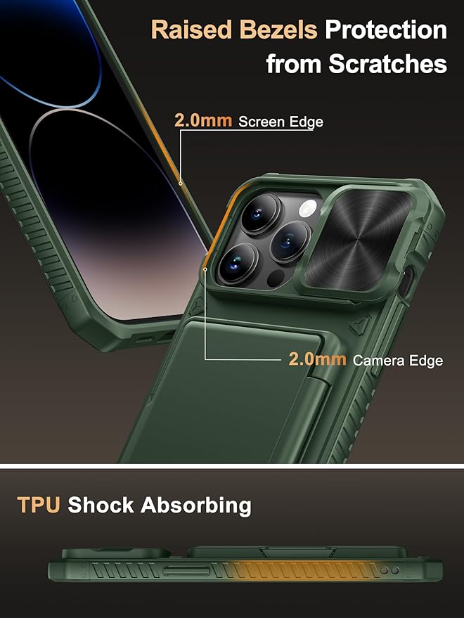 Vihibii for iPhone 14 Pro Max Wallet Case, Built-in Card Holder (4 Cards), [RFID Blocking] & Slide Camera Cover, Military Grade Drop Protection, TPU Soft Edge Wallet Phone Case, 6.7" 2022, Green