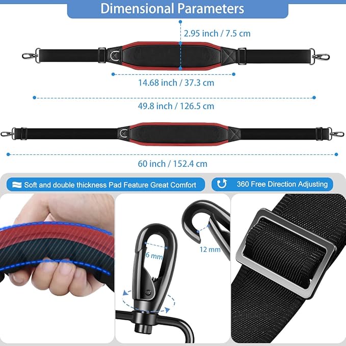 ZINZ Fixed Pad Bag Strap 60 inch Belt with Cushion Breathable Pad,Durable Strap with Double Adjustable Buckle and Metal Hooks