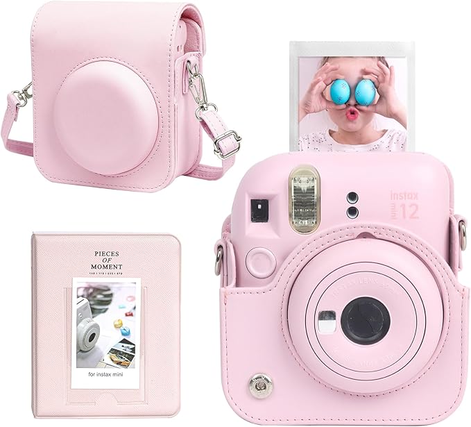 CAIYOULE Camera Case for Fujifilm Instax Mini 12 Instant Film Camera, Retro PU Leather Protective Camera Crossbody Bag for Fuji Mini 12 with 64 Photo Album, Adjustable Shoulder Strap, Blossom Pink