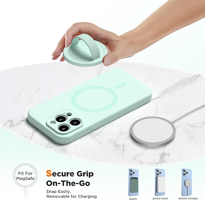 Upgraded Magnetic Phone Grip, Liquid Silicone Soft and Portable, Removable Finger Loop Ring Grip Holder for iPhone, Strong Magnetic Attraction, Compatible with MagSafe Phone Case, Mint Green