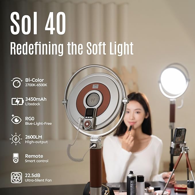 Harlowe Sol 40W LED Video Light Panel Studio and Travel Bi-Color Light Kit for Photography and Video Recording 9.5 inch Round Panel Light with Remote Control for Vloging, Podcast, Filming, Etc.