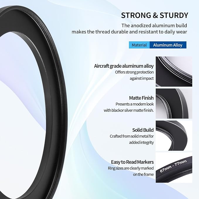 67-77mm Step-Up Ring Adapter, 67mm to 77mm Step Up Filter Ring for 67mm Lens Mount 77mm for DSLR Lenses and ND UV CPL IR Filters （67-77mm）