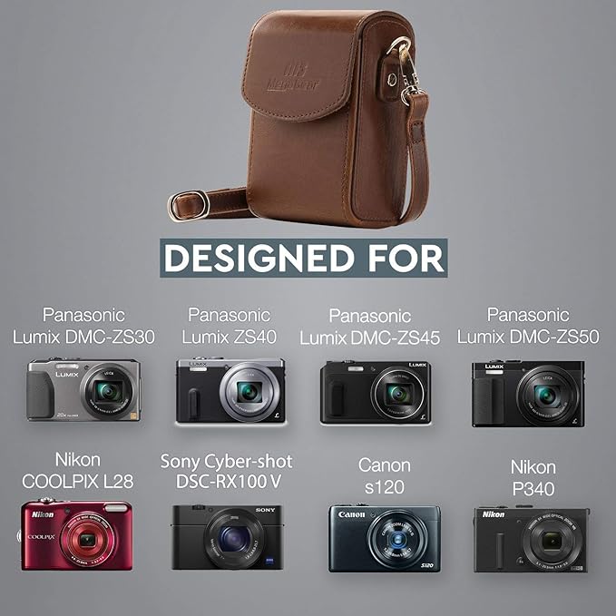 MegaGear Leather Camera Case with Strap, Compatible with Canon PowerShot S120, Nikon Coolpix P340, Panasonic Lumix DMC-ZS50, ZS45, Sony Cyber-shot DSC-RX100 III, IV, V – Brown