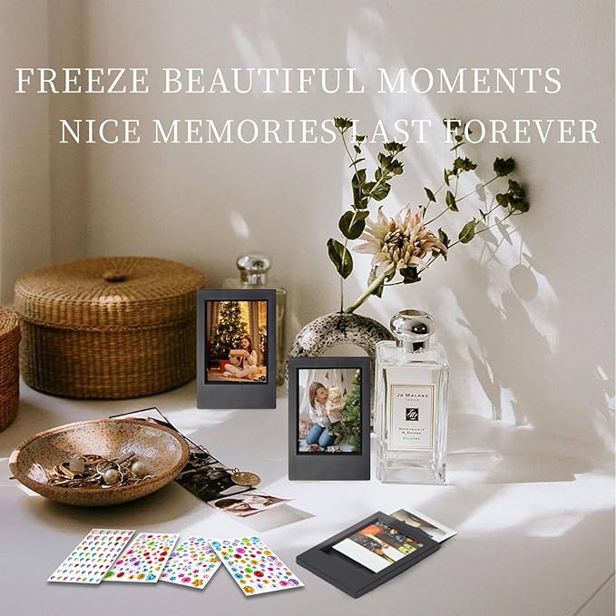 JOYZO 2x3 Picture Frames for Instax Mini Film, 6 Pack Mini Frames with Clear Covers and 3D Gems Stickers for Fuji Instant Camera 12 11 9 8 40 41 90 99 SE EVO Photo Display - Black