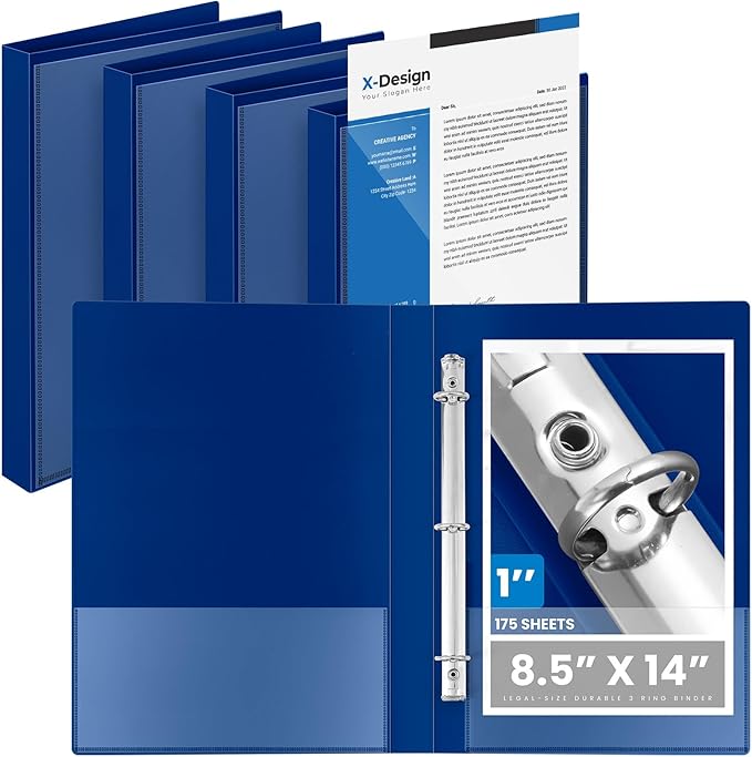 Henoyso 4 Pcs Legal Size Binders with View Cover, 3 Ring 1" Durable PP Plastic Blue Binders for 8.5" x 14" Paper Hold up to 175 Sheets for Documents, Office, Home, Work Places