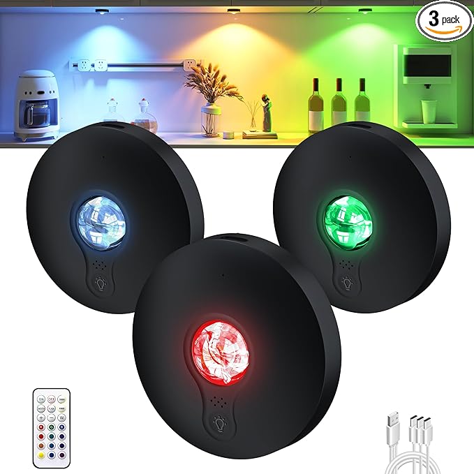 Rechargeable RGB Puck Lights,13 Colors Changeable LED Puck Lightings Remote Controls,LED Under Cabinet Lighting,Battery Operated Tap Lights,Dimmable Wireless Closet Light for Kitchen