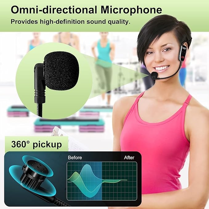 Wireless Microphone Headset, UHF Dual Cordless Microphones System, USB-C Charging, Head Mic with Digital Display, 165ft Range, for Speaker Voice Amplifier Pa System Teaching Tour Guides Fitness Yoga