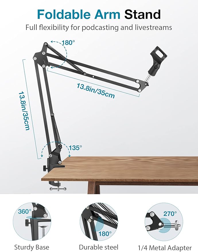 InnoGear Webcam Stand, Boom Arm Mount Stand for Logitech Webcam BRIO 4K C920 C920S C922 C922x C925e C930 NexiGo N60, 1/4"-3/8" and 3/8"-5/8" Screw for Blue Yeti Snowball Yeti Nano and Other Mics