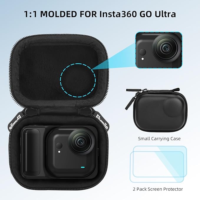 Flymile Small Carrying Case + 2 Pack Screen Protector for Insta360 GO Ultra, PU Hard Portable Travel Storage Bag With Carabiner & Wrist Strap, Tempered Glass Film Protective Lens Cover Accessories Kit