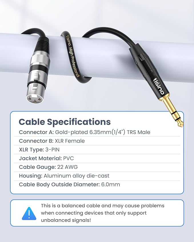 Tisino Female XLR to 1/4'' TRS Microphone Cable, 6.35mm Stereo Jack to 3-pin XLR Female Balanced Interconnect Micphone Cable - 15FT