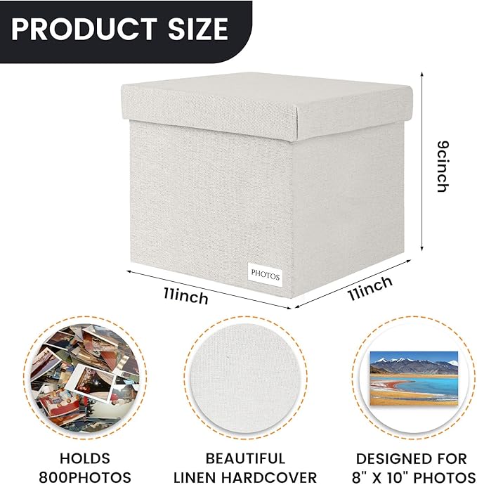 Himake Decorative Photo Storage Box - Linen Photo Box Organizers with Dividers, Fits Holds Up to 800 Photos in 8x10 inch Size, Portable Scrapbook Storage Containers with Lid (Beige)