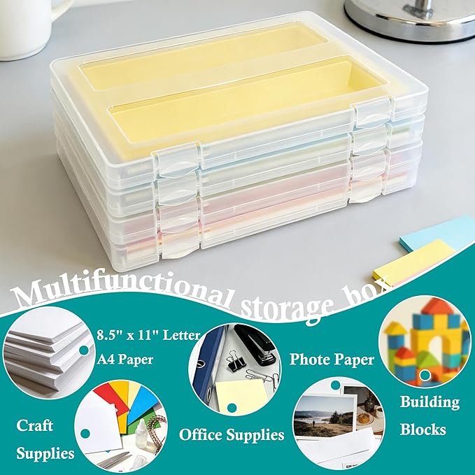 Urciwos A4 Paper Organizer Box, 4 Pack Scrapbook Paper Storage for 8.5" x 11" US Letter, Plastic Containers for Craft and Arts Supplies, Board Game, Document, File, 8" x 10" Photo Storage