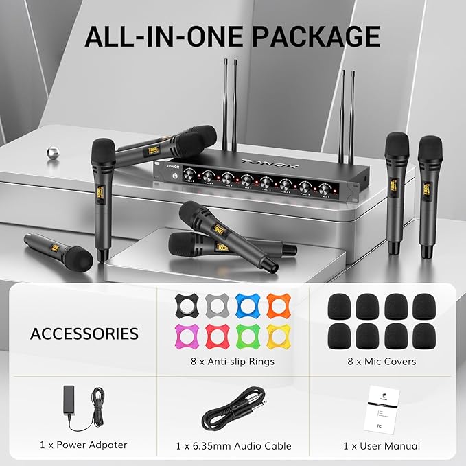 TONOR Wireless Microphones System with 8x12 Channels Cordless Handheld Microfono Inalambrico, 90 m/295FT UHF Range, Mics with Stable Signal, Quick Mute for Karaoke Singing Party Church Wedding