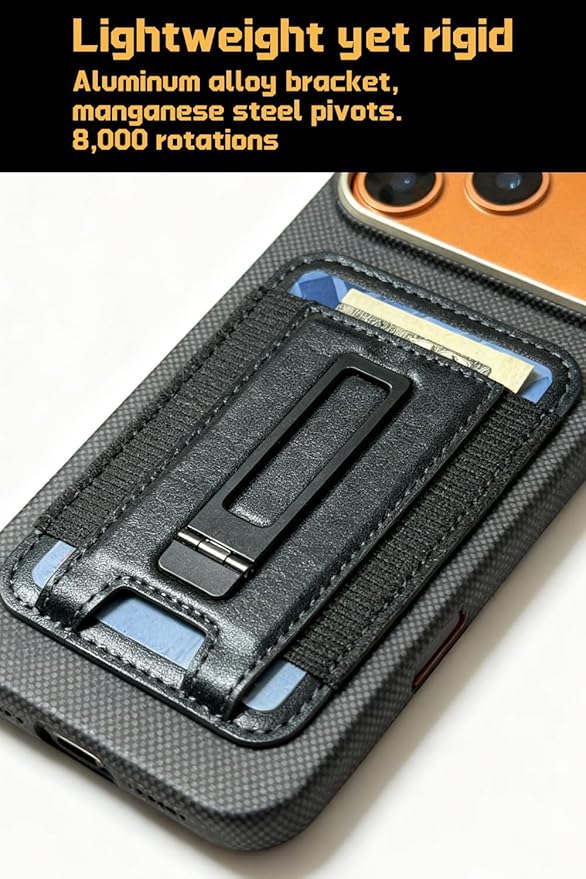 For Magsafe wallet, with aluminum alloy lightweight adjustable stand, holds 7 cards, leather material, elastic storage, 0.2 inch ultra-thin design, RFID, for iphone12-17 series, black (HYS001)