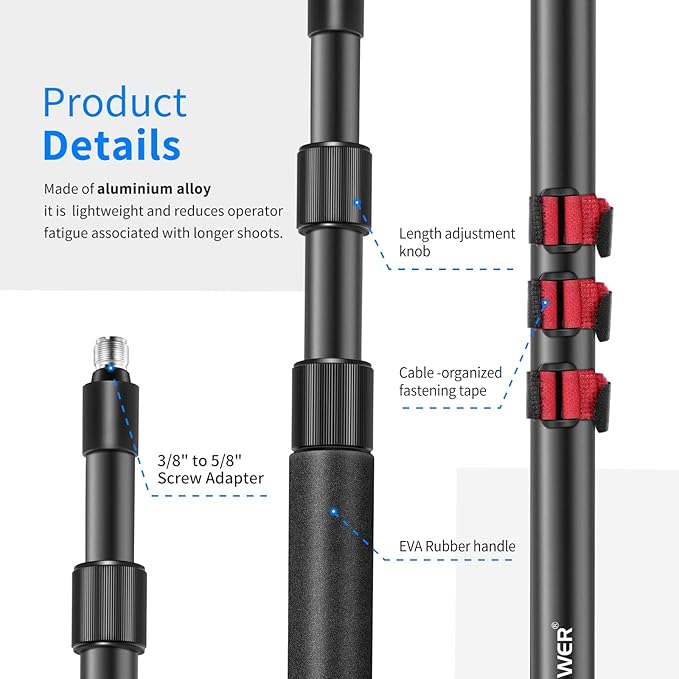 NEEWER NW-7000 Microphone Boom Arm, 3 Section Extendable Handheld Mic Arm with 3/8" & 3/8" to 5/8" Screw Adapter, 3ft to 8ft Adjustable Length,Auxiliary