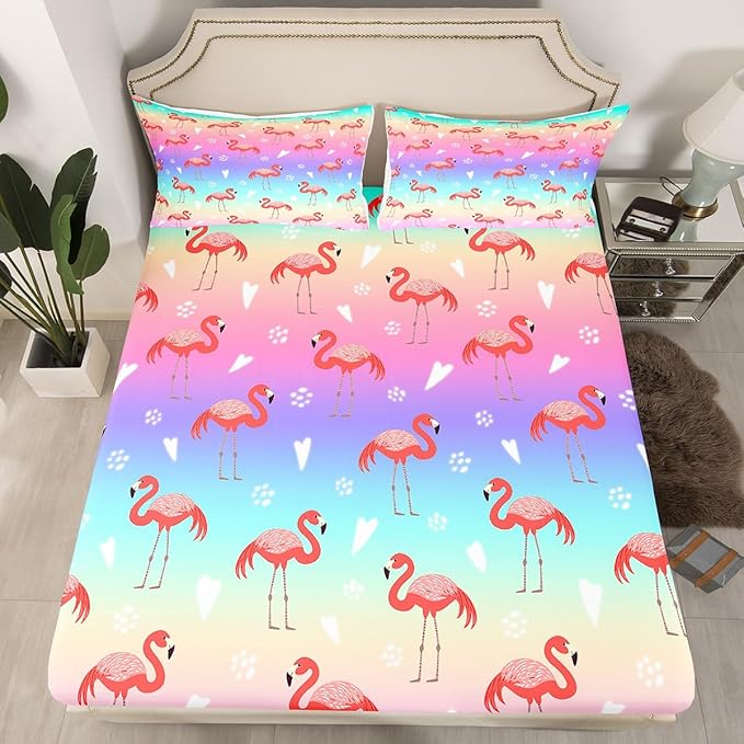Erosebridal Pink Flamingo Bed Sheets Set - Full Blue Purple Rainbow Gradient Sheet Set for Boys & Girls - Cute Animal Flamingo Fitted & Flat Sheets - 4 Pcs