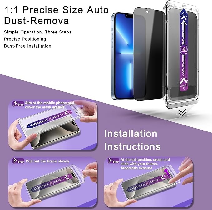 CHISHA 2-Pack Privacy Screen Protector for iPhone 14 and iPhone 13 and iPhone 13 Pro 6.1-Inch, Auto Dust Removal, No Bubbles,Anti-Spy Tempered Glass Film, Easy Installation
