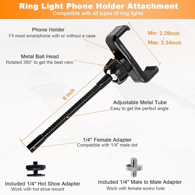 Ring Light Phone Holder Universal Phone Holder for Ring Light with 1/4 and Hot Shoe Adapter, Flexible Phone Mount for RingLight and Tripod Stand