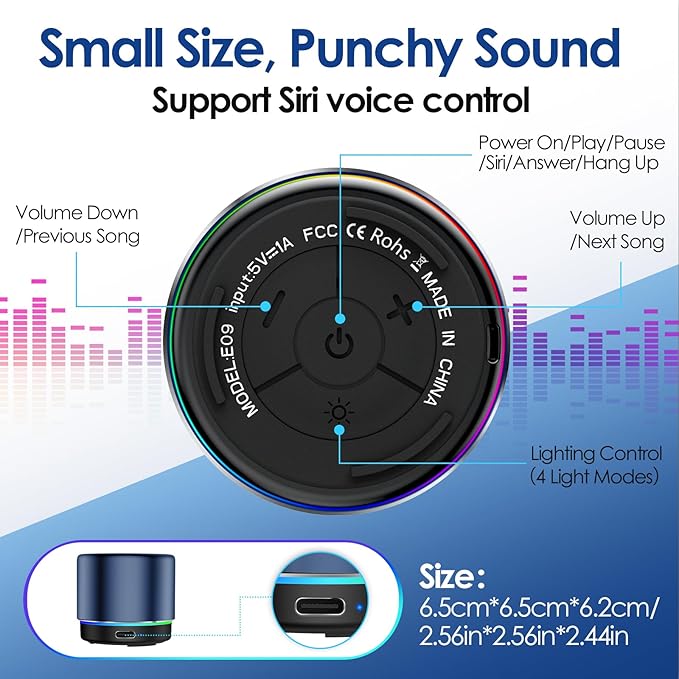 Small Bluetooth Speaker with Lights, Mini Speakers with BT5.4 and Loud Stereo Sound, Blue Portable Bluetooth Speakers for Room, Car, Bike, Camping, Built in Mic, Pocket Size, Ideal Gift for Men, Women