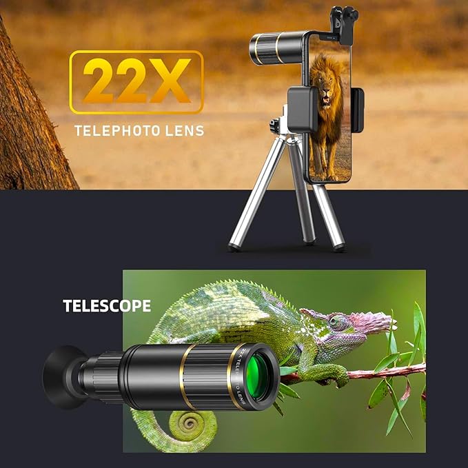 Updated COSULAN 4-in-1 Phone Camera Lens Kit, Come with 22X Telephoto Lens, 205° Fisheye Lens, 4K 0.67X Wide Angle Lens, 25X Macro Lens, Clip, and Phone Mini Tripod for iPhone and Android Phone Series