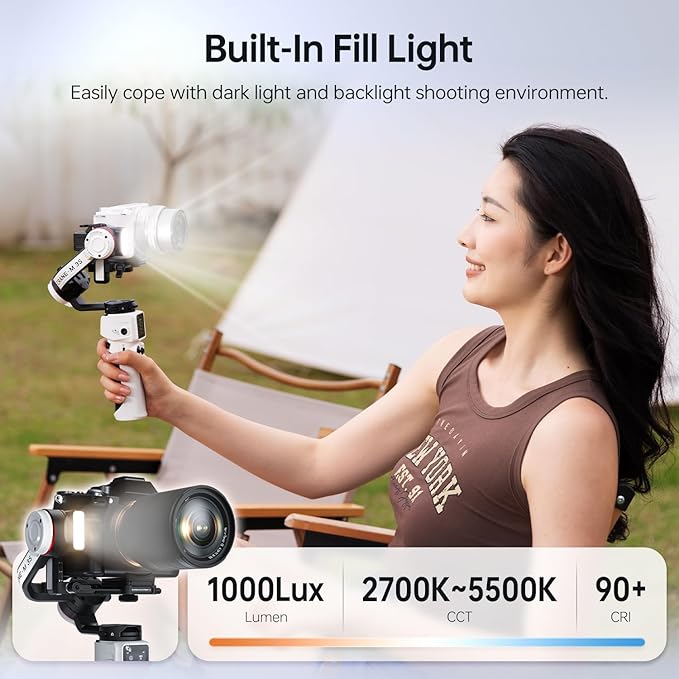 ZHIYUN Crane M3S [Official], 3 Axis Lightweight Camera Gimbal Stabilizer for Mirrorless, Smartphone, GoPro Action Camera, Built-in Fill Light, Bluetooth Control, 1.22" Color Screen, PD Fast Charge