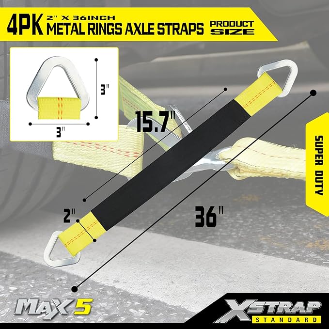 XSTRAP STANDARD 4 Pack of 36 x 2" Axle Strap with Protective Sleeve and D-Ring for Securing Car Transport, Axle Tie Down Straps - 3333 Lb. Capacity 10,000 Breaking Strength