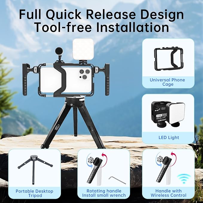 Phone Video Stabilizer Rig Kit: Phone Cage Rig for Video Recording with Handles LED Light Tripod - for Videomaker Videographer - for iPhone for Samsung for Pixel and Other Android Phones