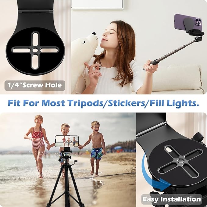 Detachable Magnetic Phone Holder for Laptop & Car, Foldable Desk Phone Stand, Adjustable Magnetic Phone Tripod Mount Adapter with 1/4" Screw Design for MagSafe iPhone and All Phones, Black