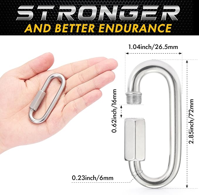 Sprookber Stainless Steel Quick Links - 304 Heavy Duty Chain Connector, Screw Locking Carabiner, Hooks, Set of 4